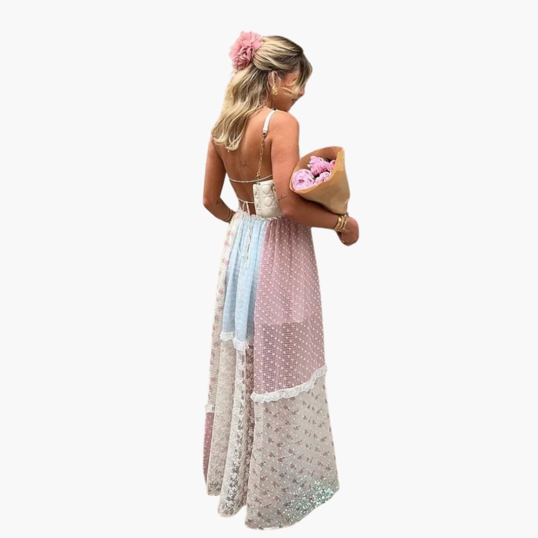 Robe Maxikleid Patchwork - Robe d'été pour femmes avec bretelles spaghetti