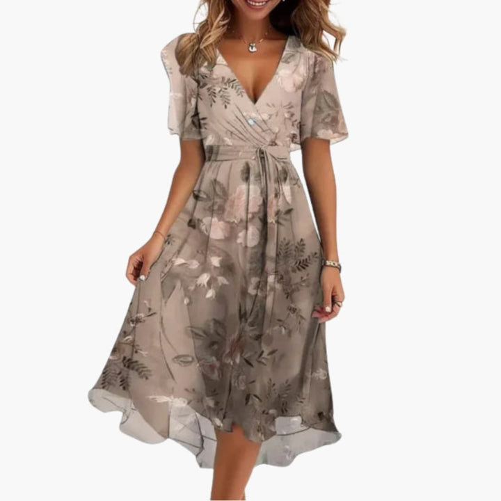 Robe midi pour femmes - Élégante, motif floral & décolleté en V