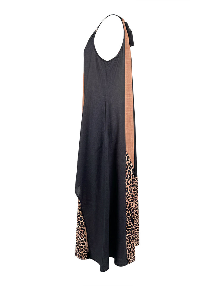 Robe longue ample asymétrique sans manches, à imprimé léopard, à poches, à empiècements, à col licou, couleur contrastée