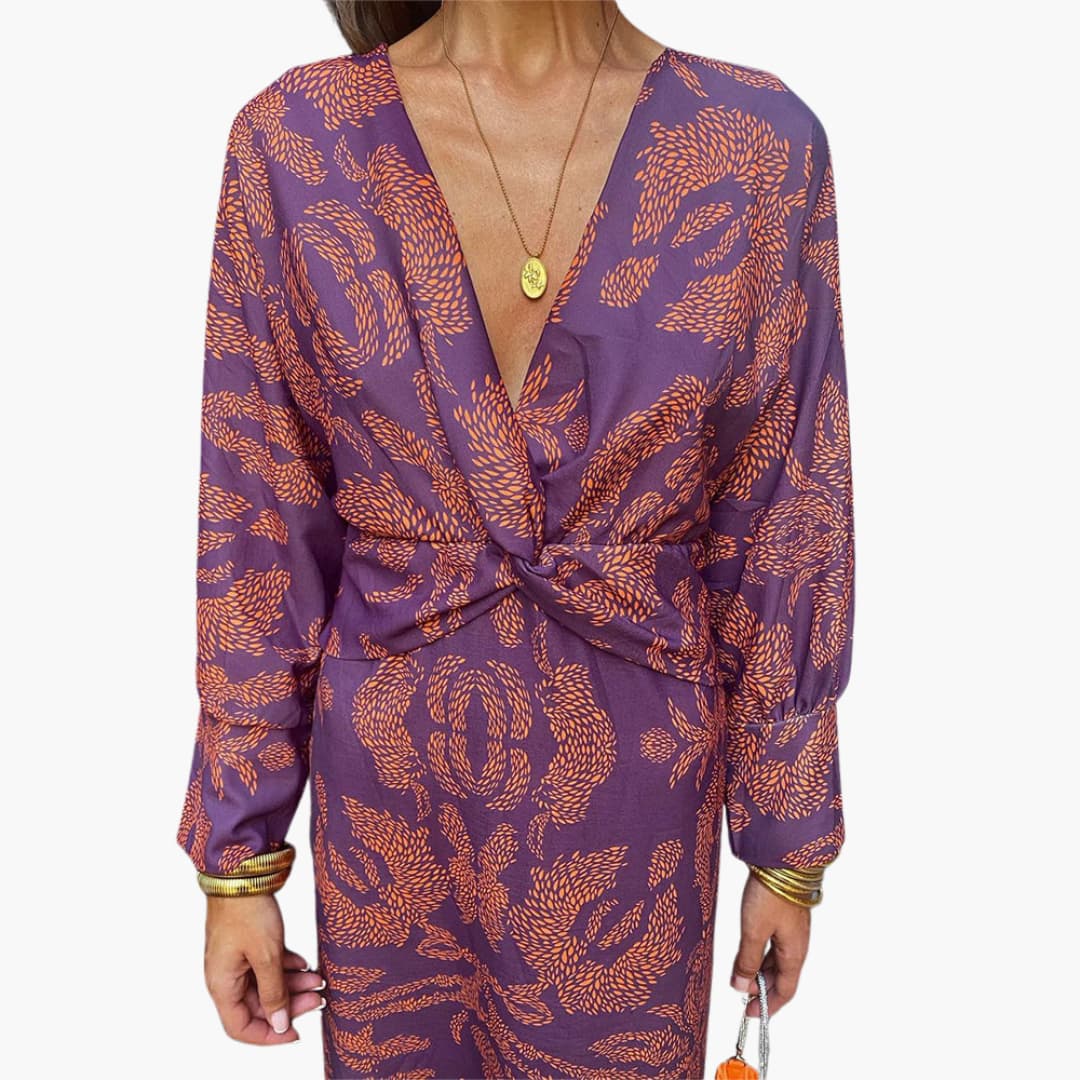 Robe midi pour femmes - Motif floral, manches longues & décolleté en V