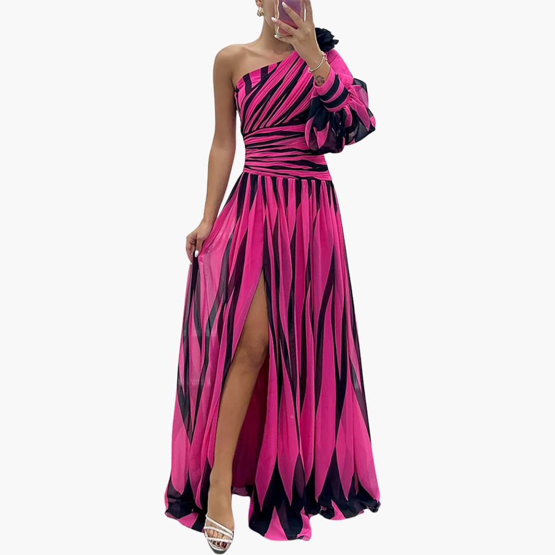 Robe Maxi Rayée à Épaule Dénudée - Élégante pour Femmes avec Fente