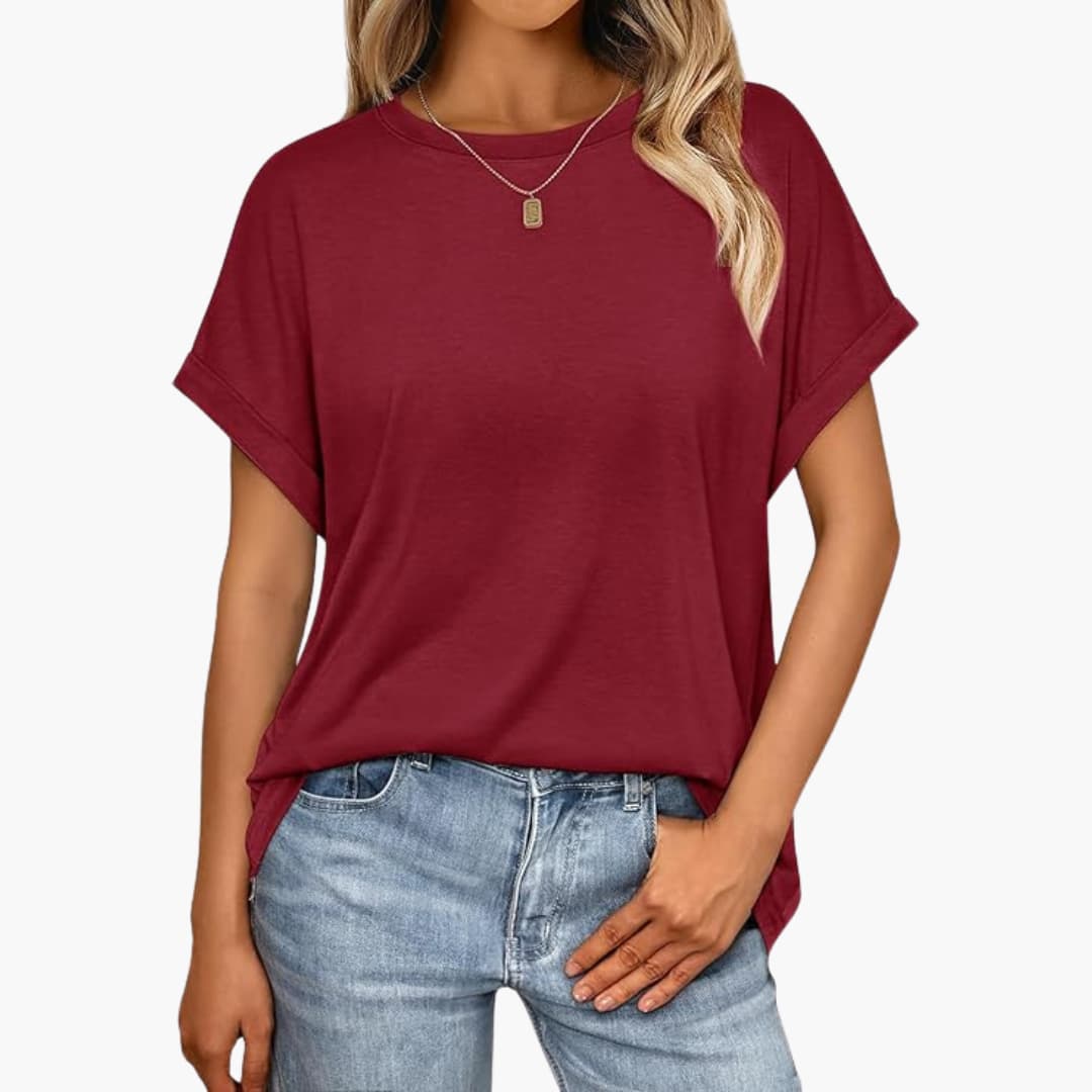 T-shirt oversize pour femmes avec col rond et manches retroussées