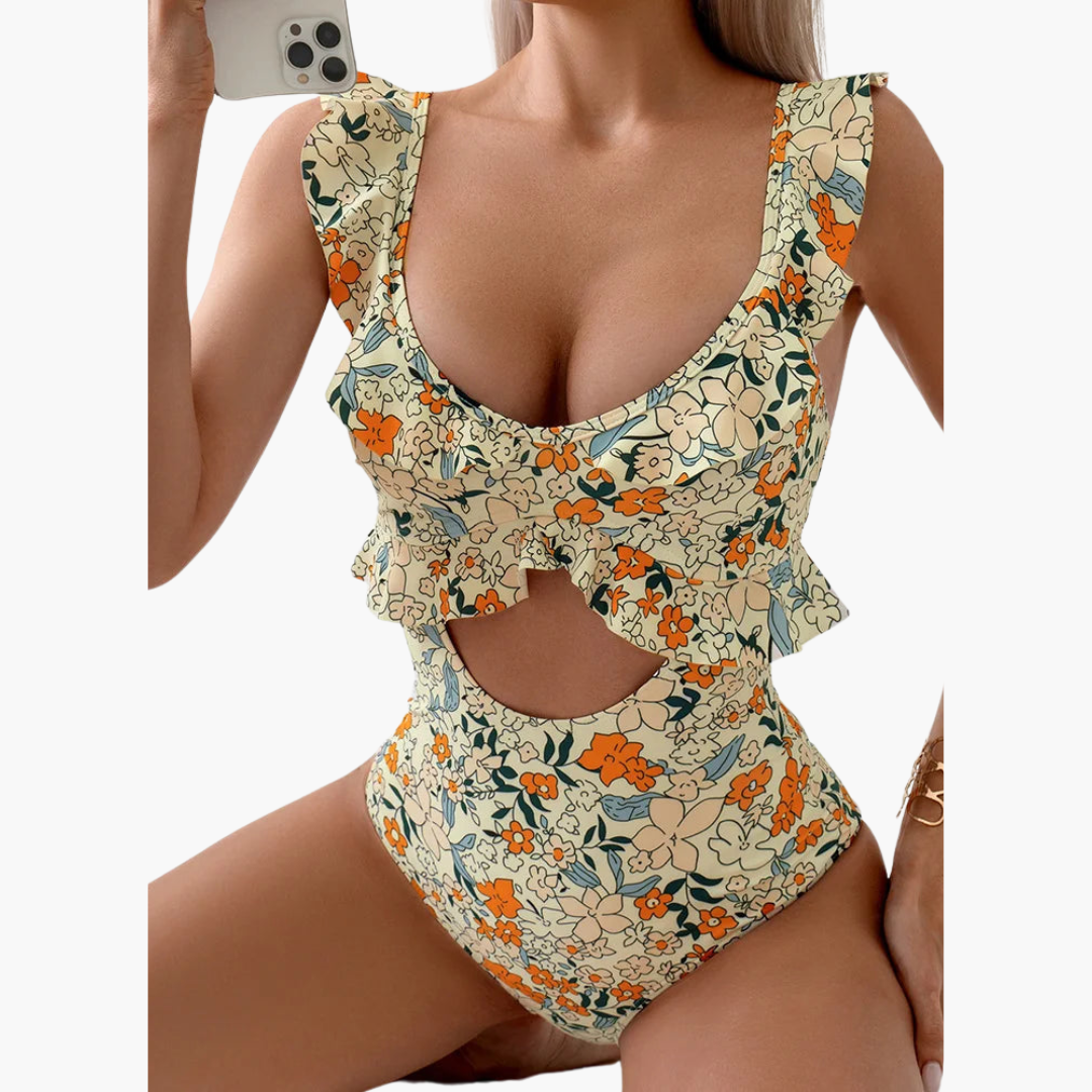 Maillot de bain femme - Monokini floral avec volants et découpes