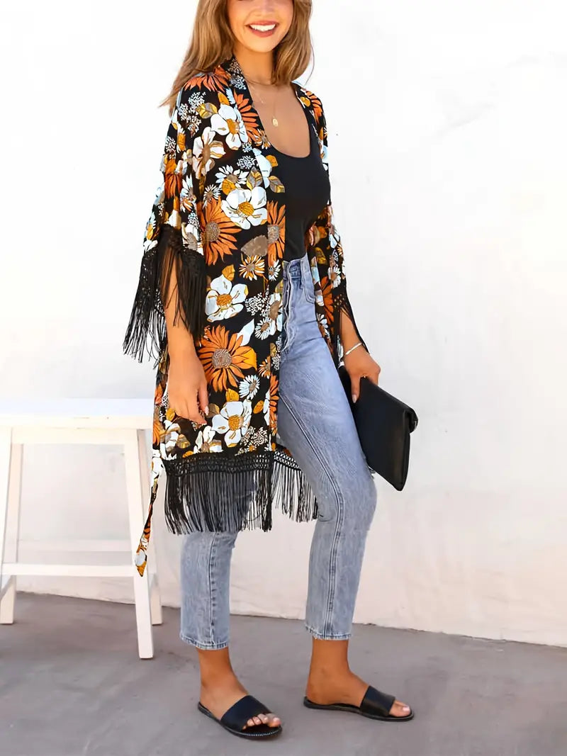 Kimono-Cardigan vif avec motif floral et franges pour femmes