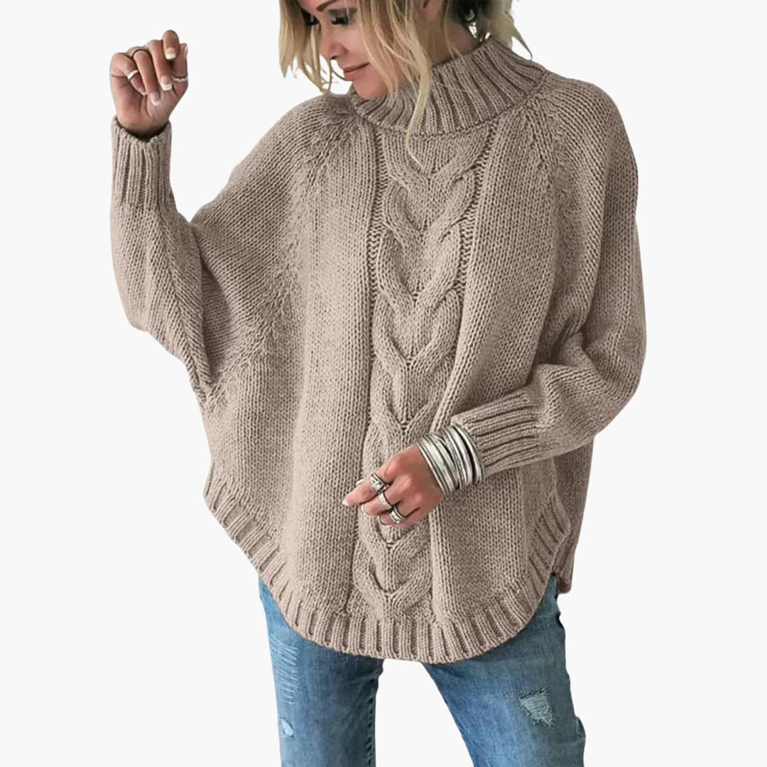 Pull femme avec col roulé et motif en torsades