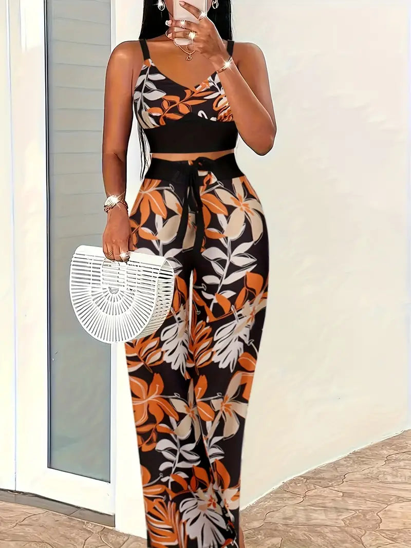 Ensemble chic deux pièces avec motif floral pour femmes