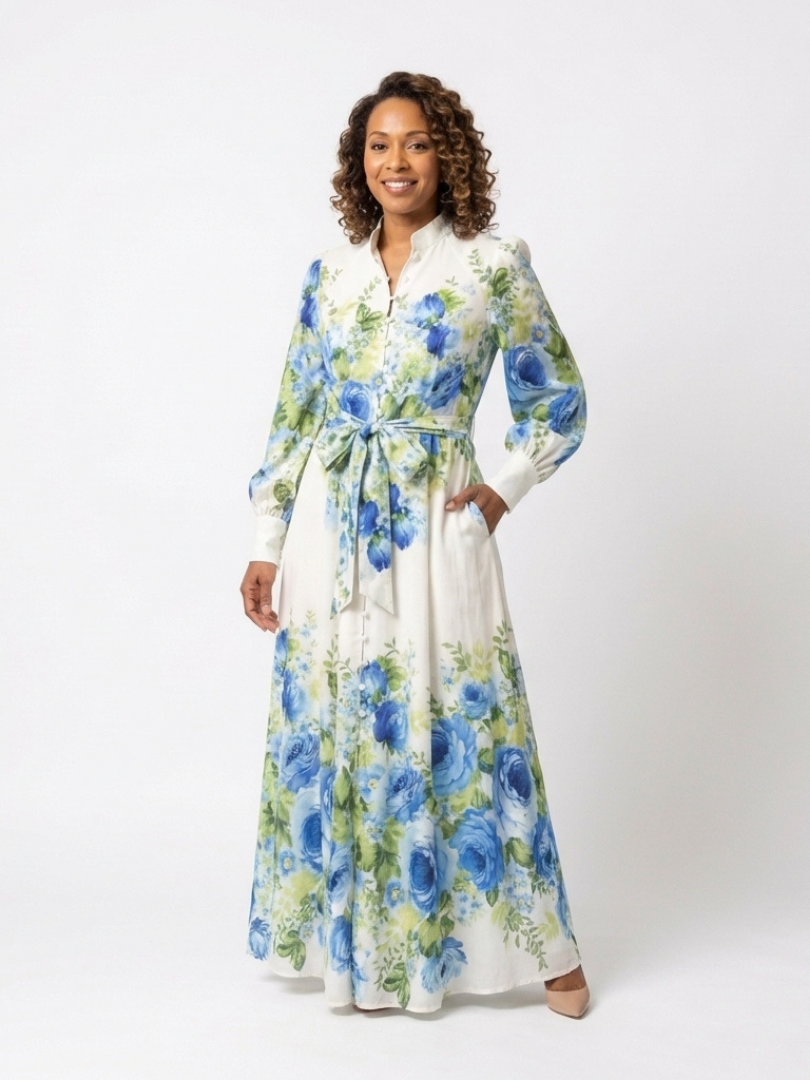 Harper | Robe maxi à manches longues avec boutons floraux sur le devant