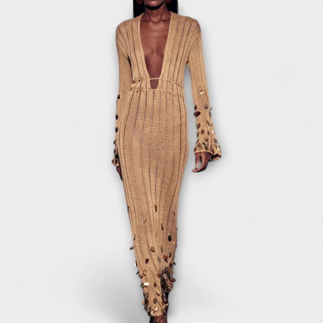 Kathleen - Robe maxi en tricot doré de Dolly