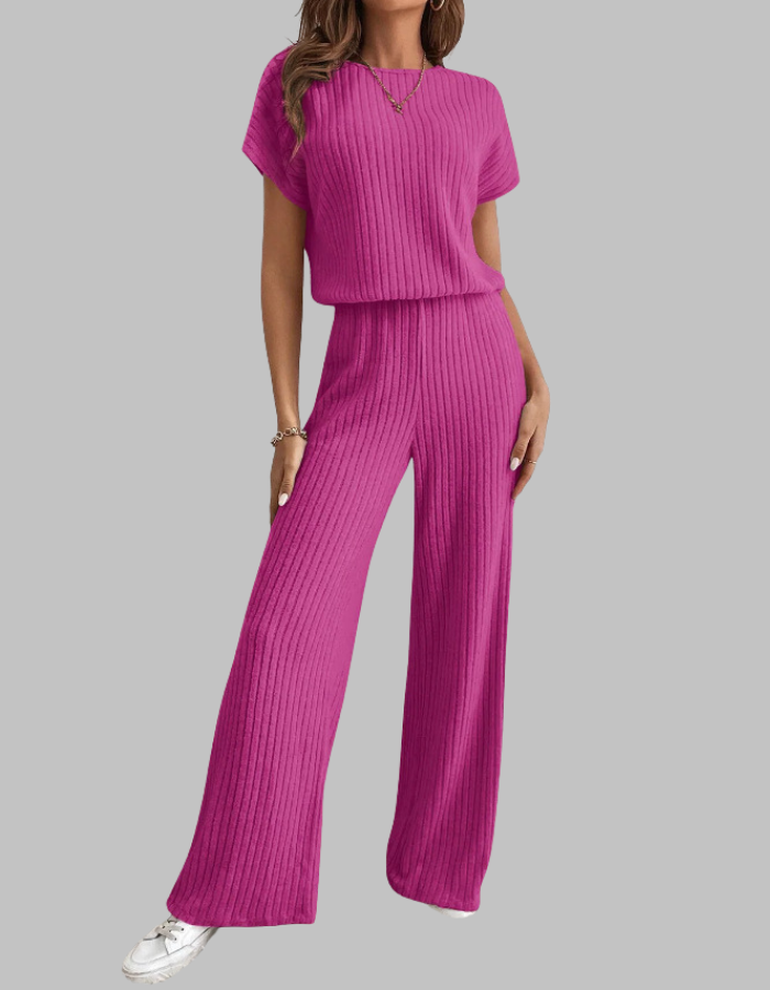 Paula | Ensemble en maille côtelée pour femmes, top à manches courtes et pantalon large décontracté