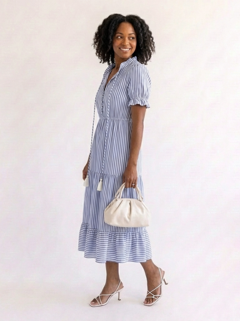 Dakota | Robe midi à manches courtes et à rayures superposées