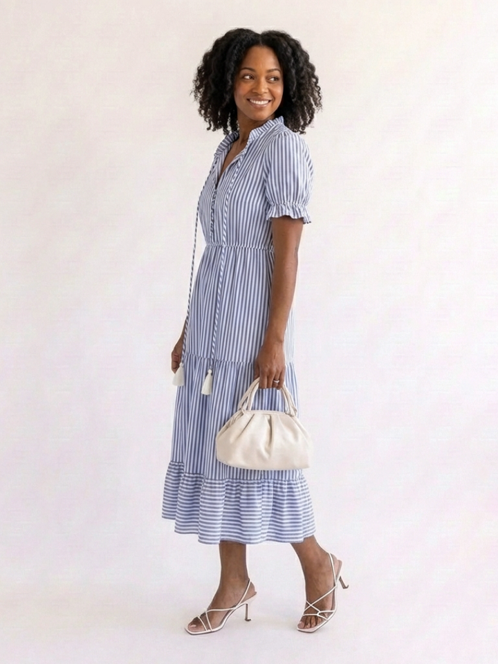 Dakota | Robe midi à manches courtes et à rayures superposées