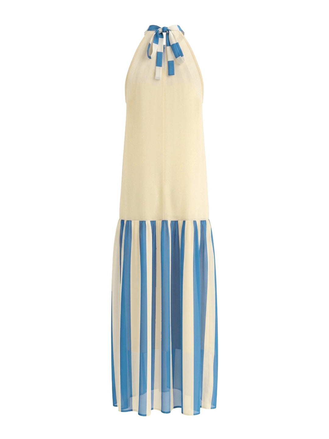 Robe longue ample plissée rayée coupe trapèze, à col licou, couleur contrastée