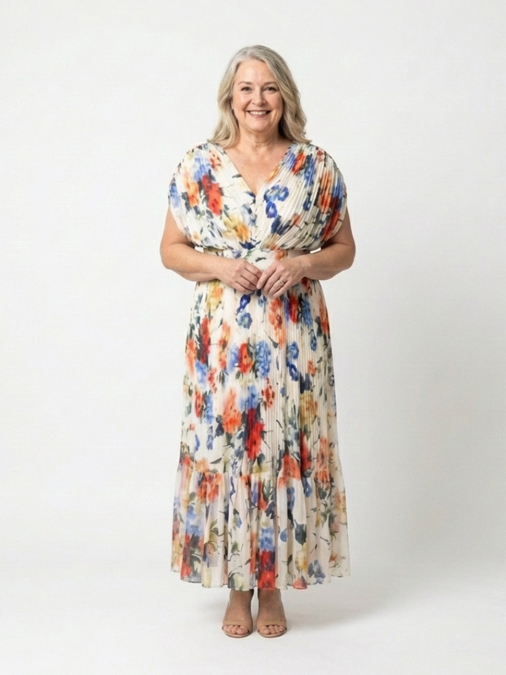 Savannah | Robe midi florale à manches courtes et plissée