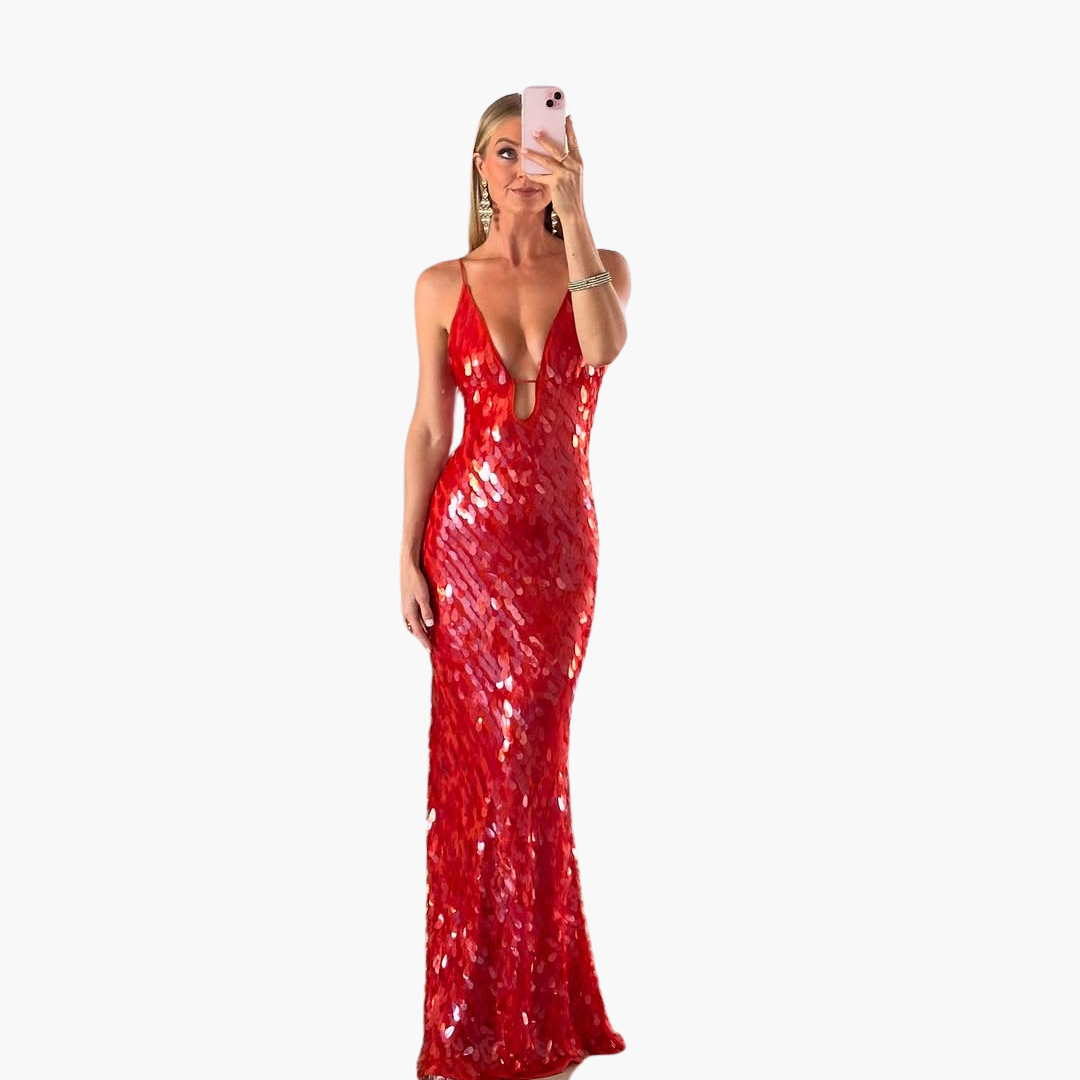 Robe de soirée pailletée pour femmes - Maxi avec décolleté en V
