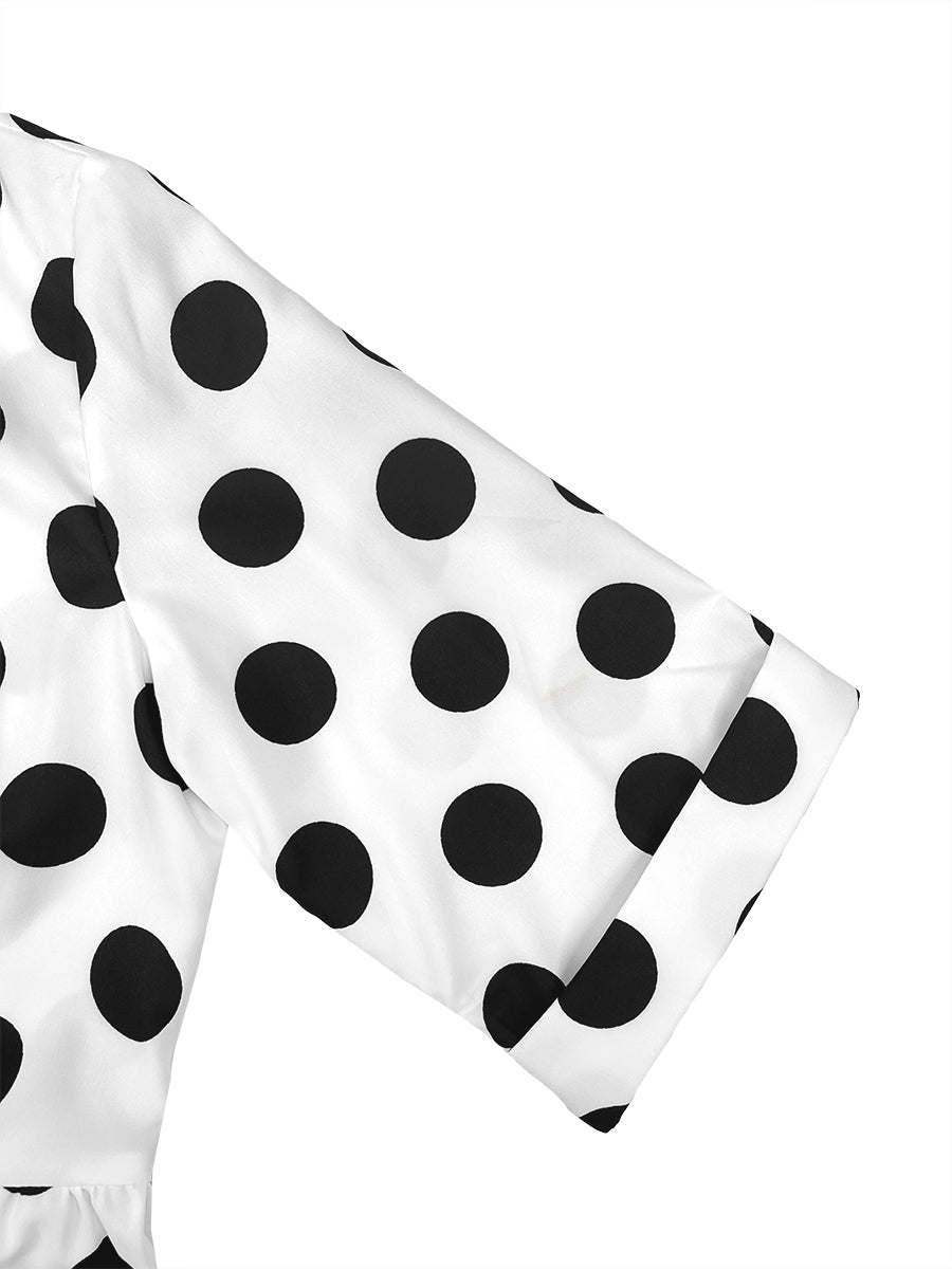 Robe chemise boutonnée coupe trapèze, à manches mi-longues, à taille élastique, à pois, à col revers, couleur contrastée