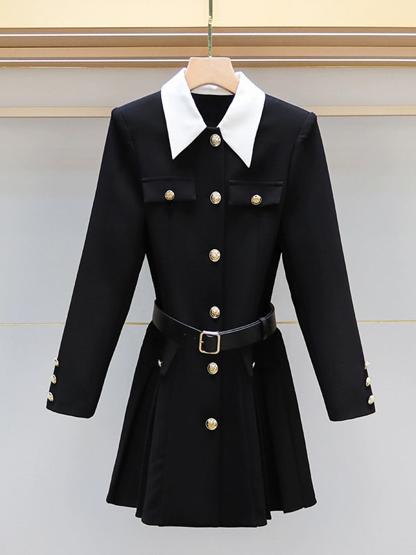 Robe chemise boutonnée plissée à taille élastique, à manches longues, avec ceinture, à boutonnage simple, à col revers, couleur contrastée
