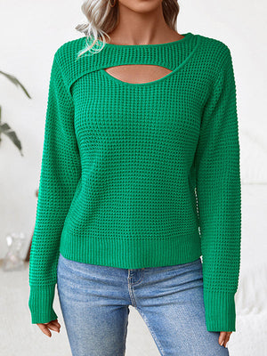 Pull ample ajouré à manches longues, à empiècements, à col rond, couleur unie