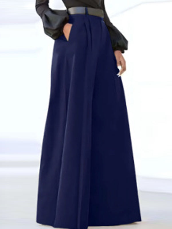 Pantalon ample plissé taille haute, à empiècements, couleur unie