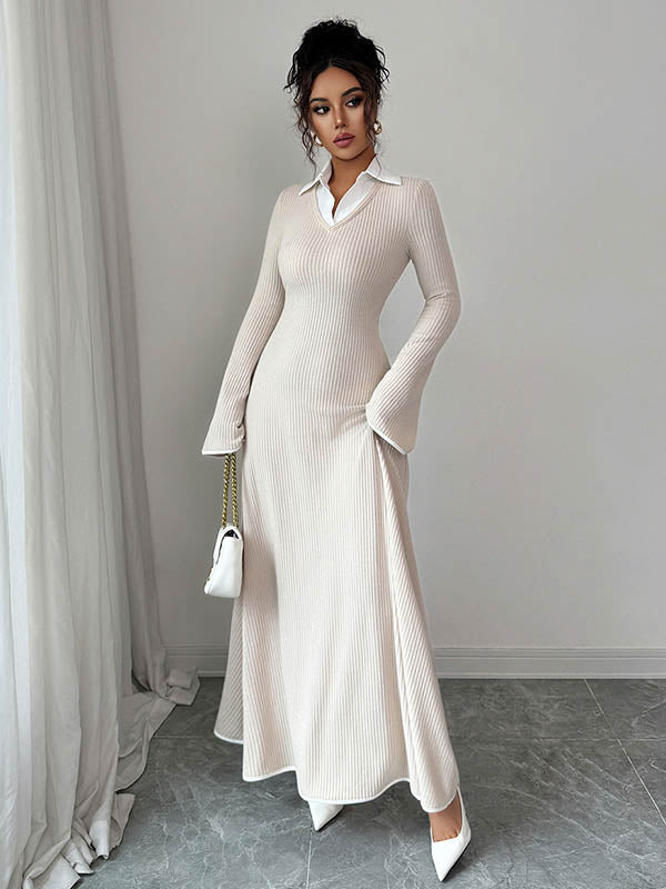 Robe pull moulante effet deux pièces, en maille côtelée, à empiècements, à col revers