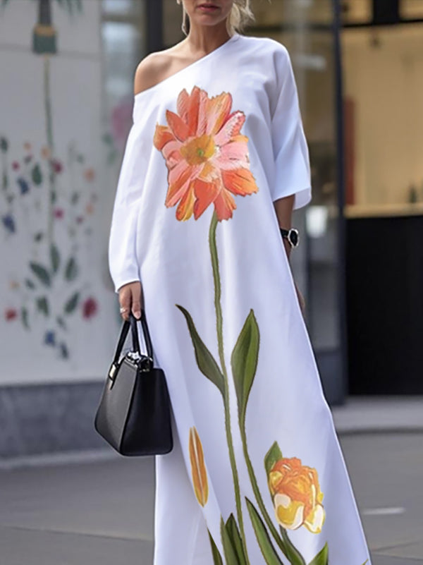 Robe longue ample asymétrique à manches trois-quarts, à imprimé floral, asymétrique à une épaule
