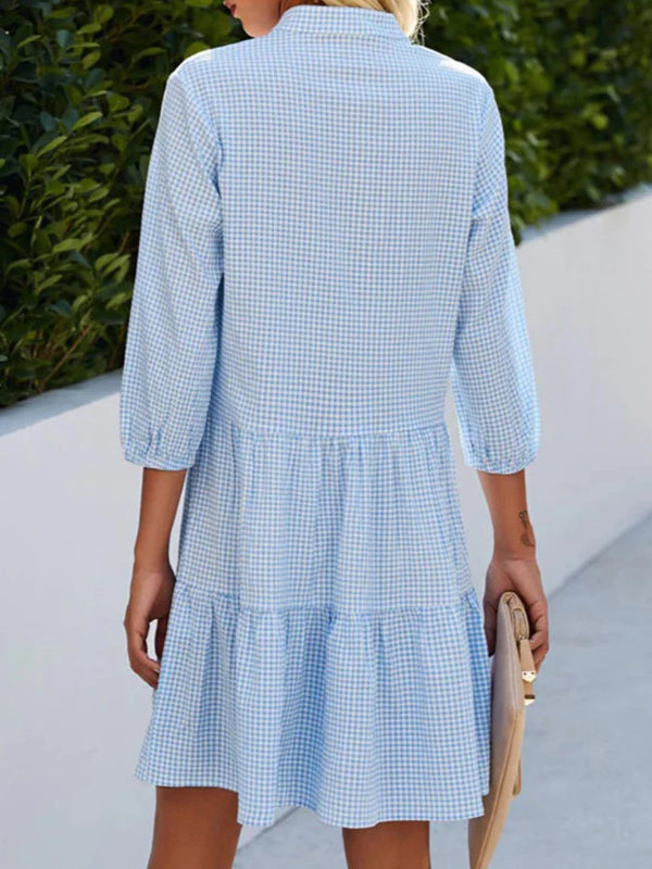 Robe chemise ample boutonnée coupe trapèze, à carreaux, à empiècements, à col montant