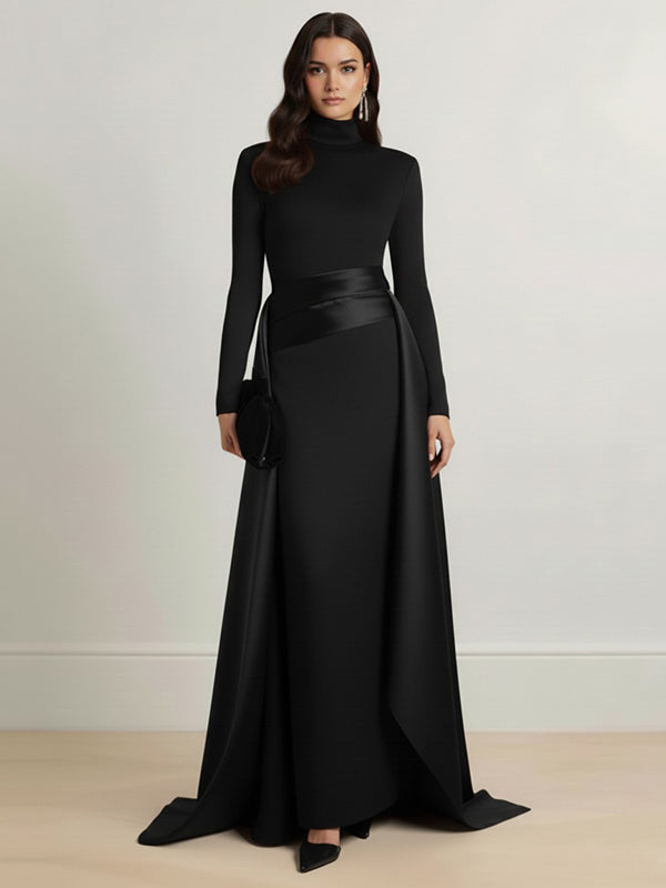 Robe longue moulante asymétrique à taille élastique, à empiècements, à col haut, couleur unie