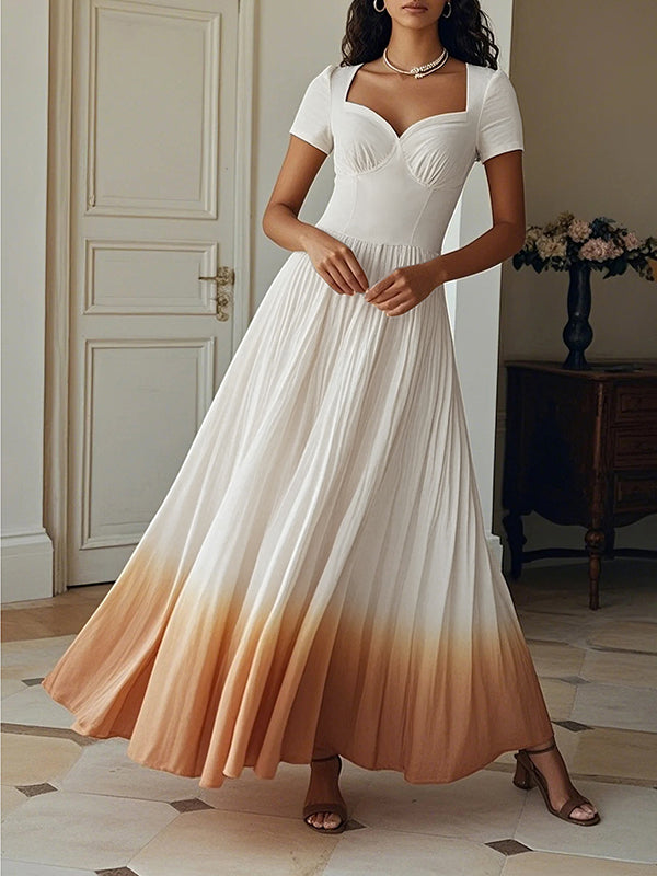 Robe longue plissée coupe trapèze, taille haute, en dégradé, à fermeture éclair, à col en V