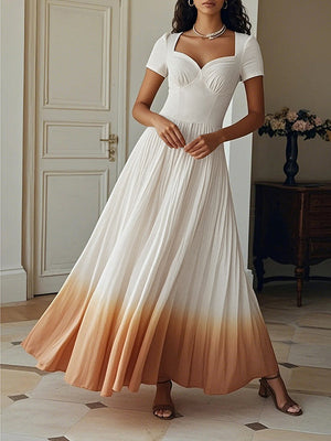 Robe longue plissée coupe trapèze, taille haute, en dégradé, à fermeture éclair, à col en V