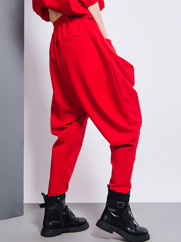 Sarouel décontracté ample à empiècements, taille haute, couleur unie