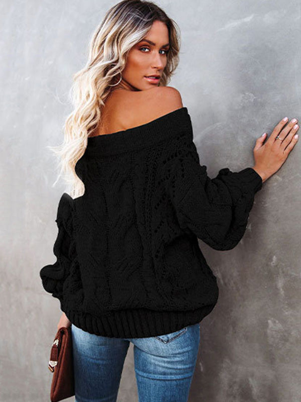 Pull ample vintage, à manches longues, à épaules dénudées, couleur unie
