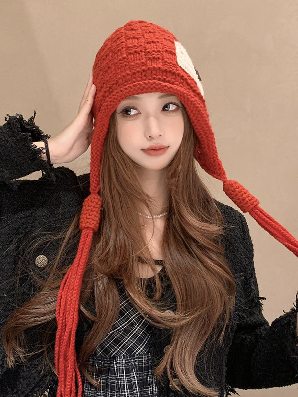 Chapeau tricoté à pompons, couleur contrastée, couleur unie