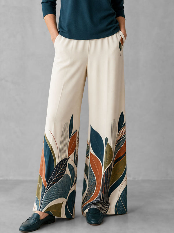 Pantalon ample à poches, à imprimé feuilles, à jambes larges