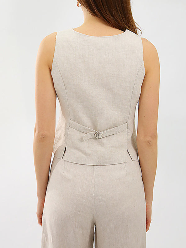 Ensemble deux pièces boutonné plissé sans manches, à décolleté en V profond, à jambes droites, couleur unie – débardeur + pantalon