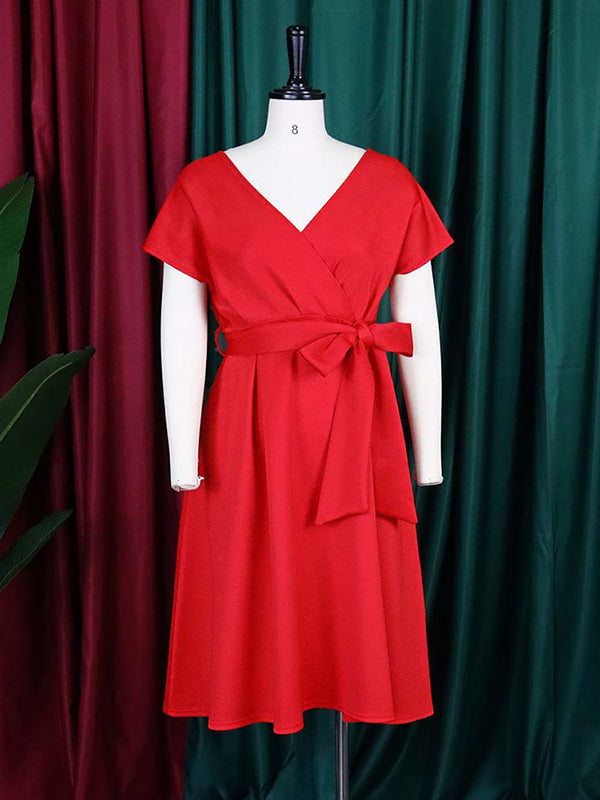 Robe mi-longue à nœud, à lacets, à col en V, couleur unie