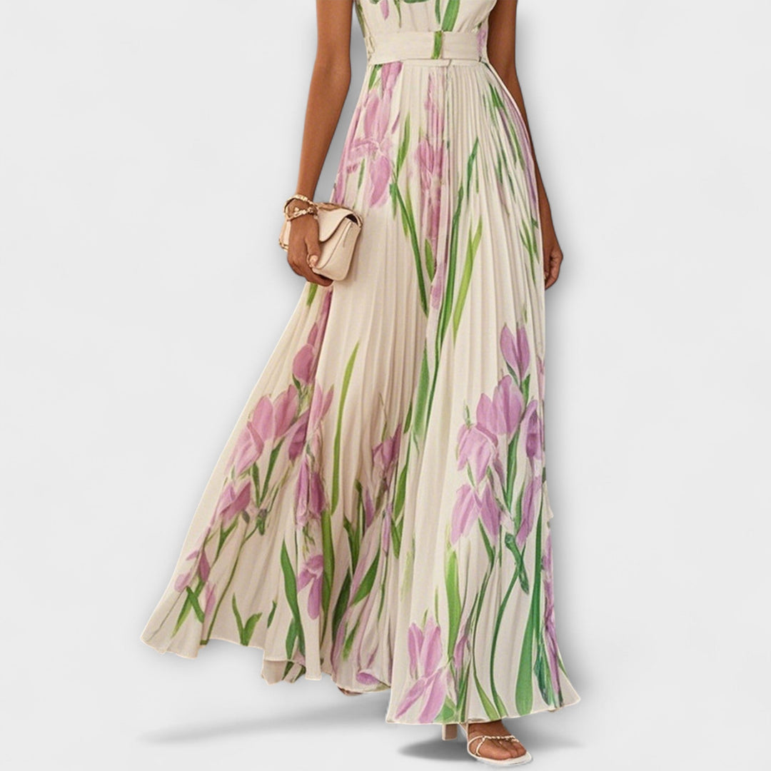 Robe maxi plissée en chiffon avec motif floral