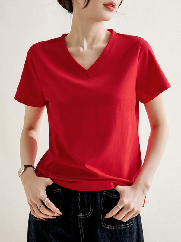 T-shirt ample à manches courtes, à col en V, couleur unie