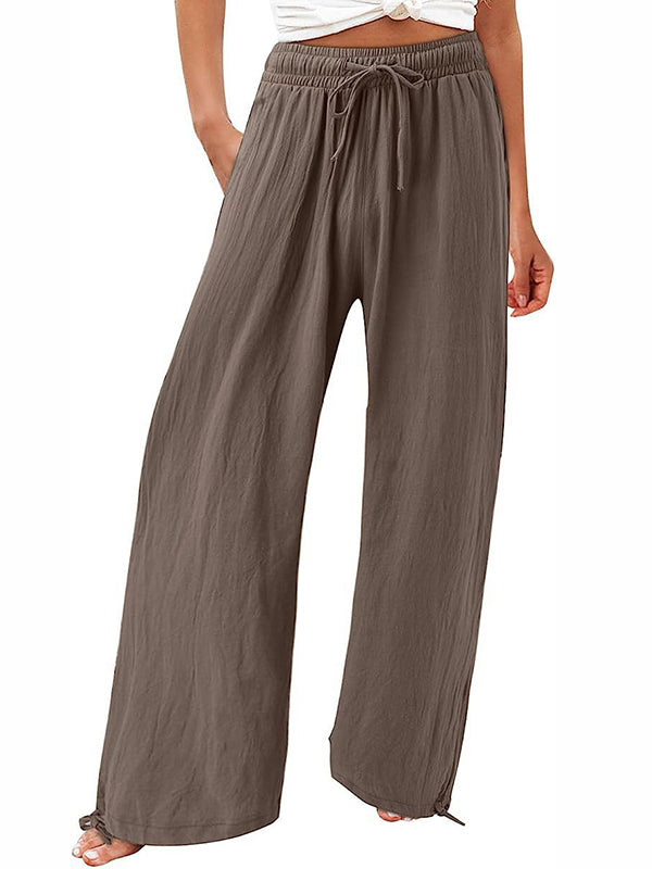 Pantalon ample à jambes larges, à cordon de serrage, à taille élastique, couleur unie