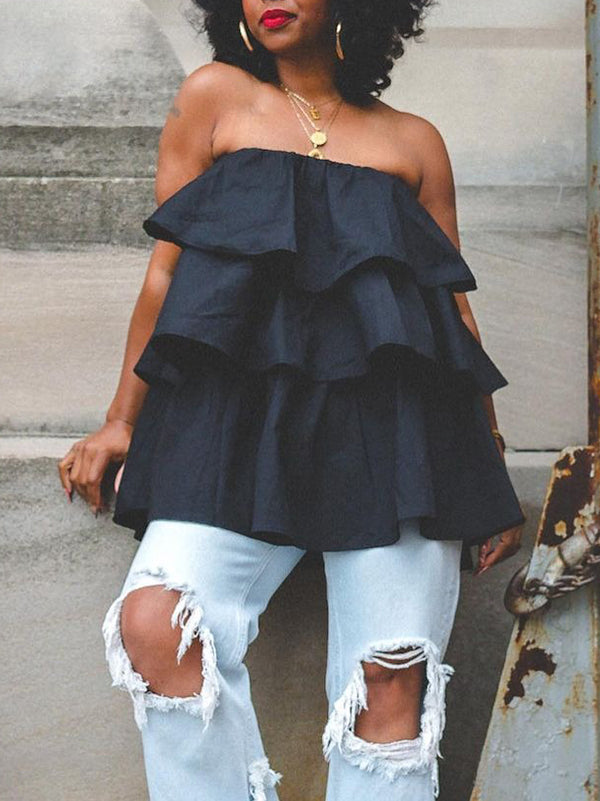 Débardeur ample superposé volanté coupe trapèze, à taille élastique, bustier, couleur unie