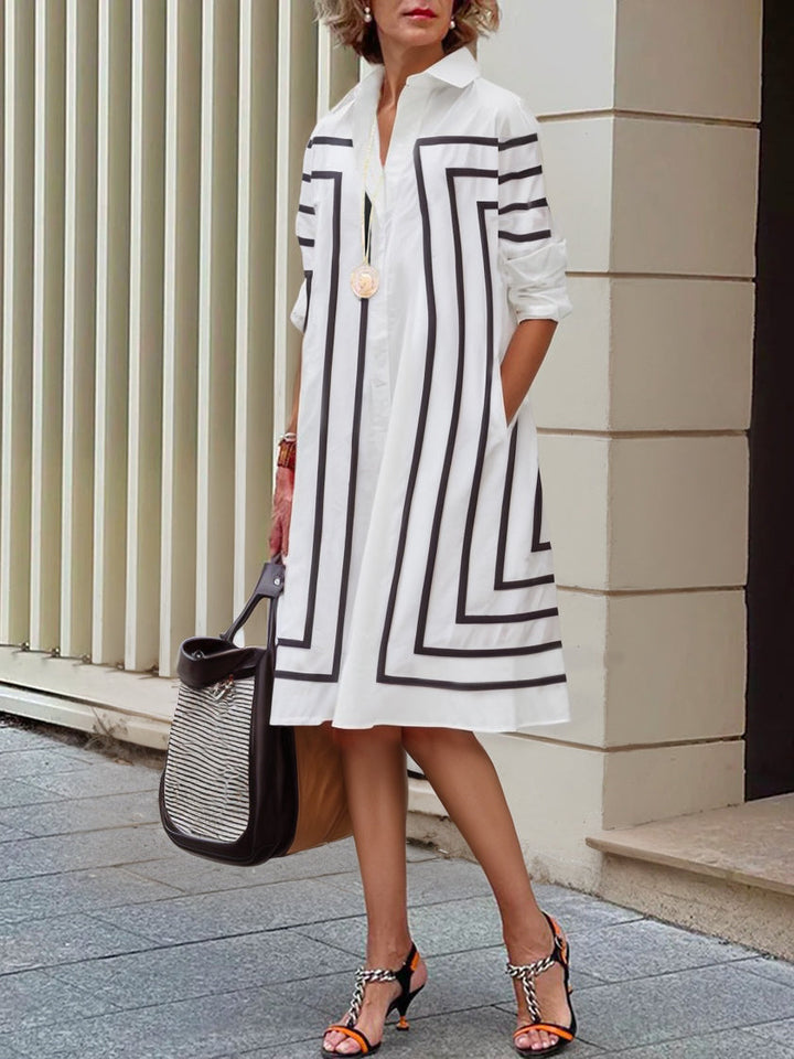 Robe chemise ample boutonnée rayée à manches mi-longues, à col revers