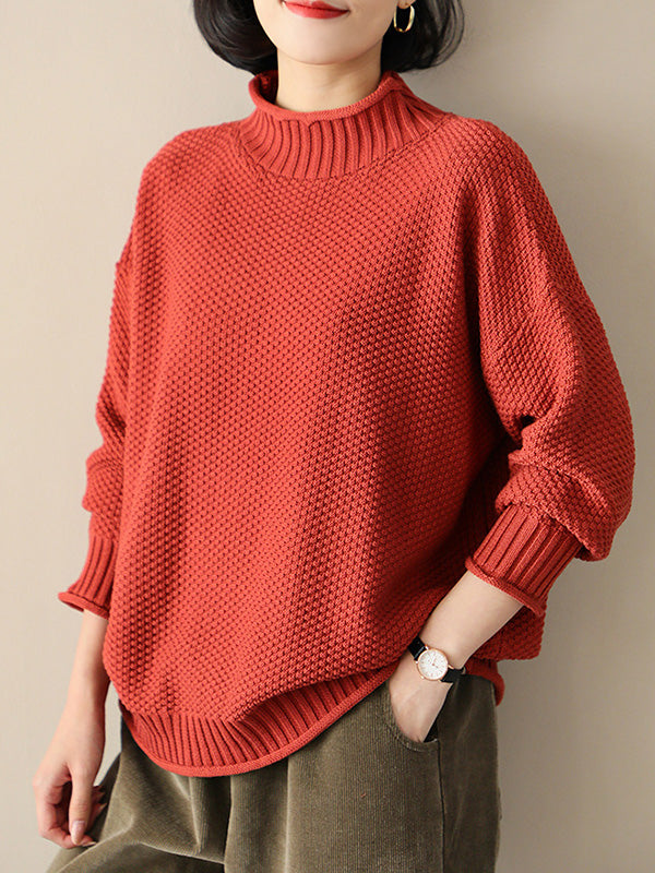 Pull décontracté ample à manches longues, à col haut, couleur unie