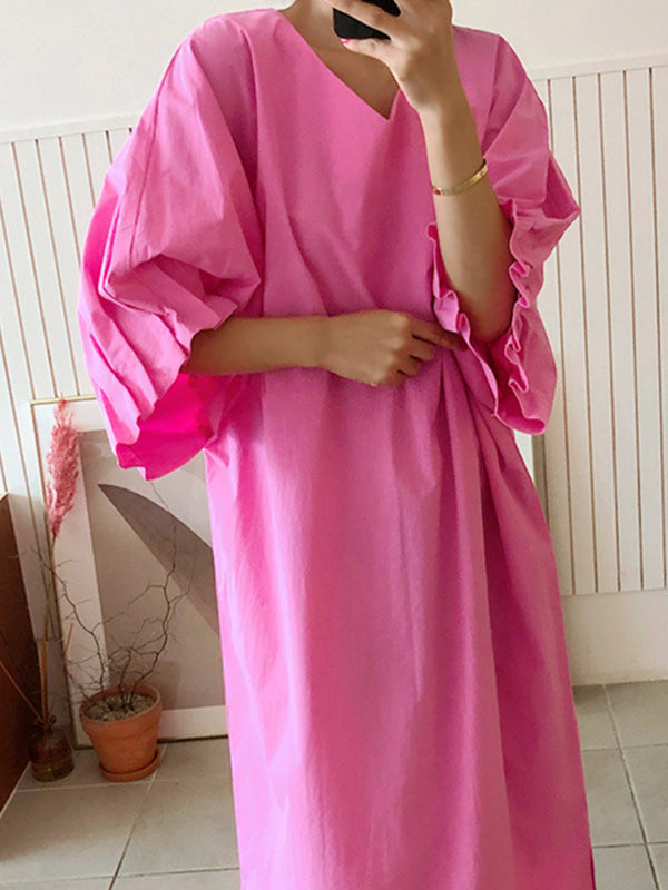 Robe mi-longue Plissée à Manches Raglan et Col en V de Grande Taille