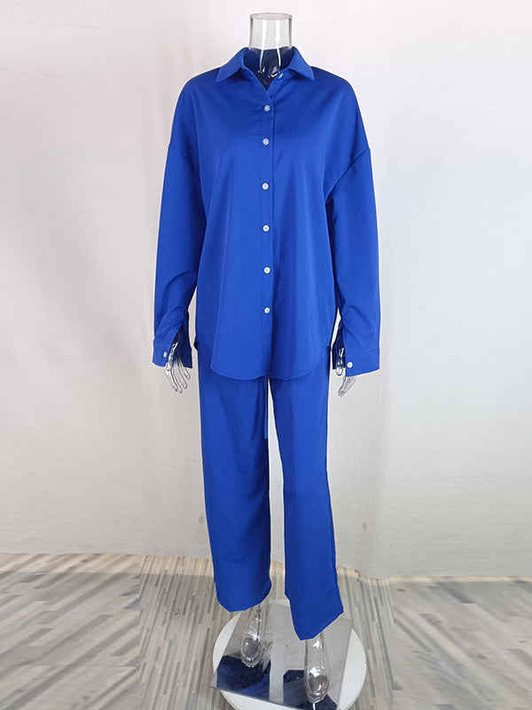 Ensemble deux pièces boutonné à manches longues, à poches, à col revers, à taille élastique, taille haute, couleur unie – chemise + haut + pantalon