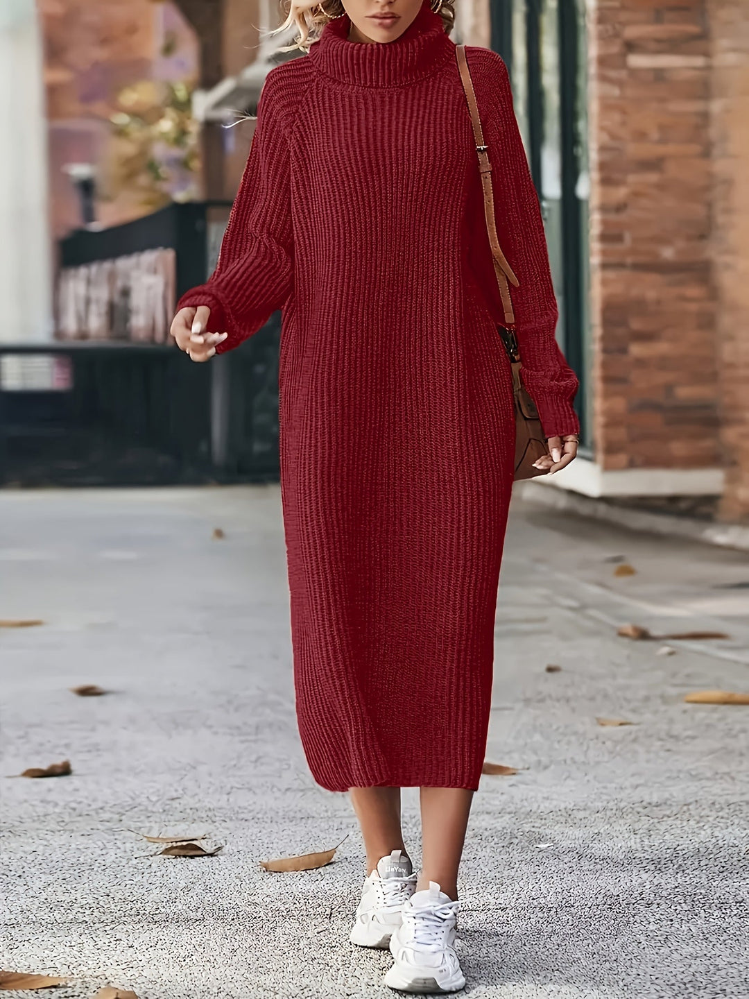 Robe en tricot pour femmes à col roulé | Manches longues et longueur midi