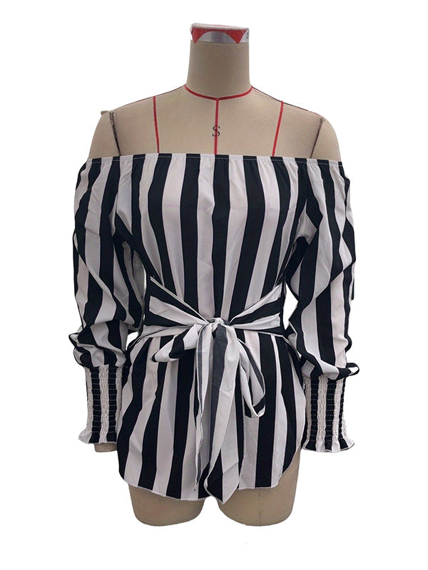 Chemisier ample rayé à manches longues, à taille élastique, à empiècements, à taille nouée, à épaules dénudées, couleur contrastée