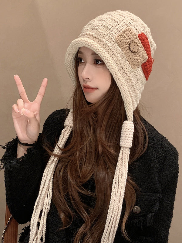 Chapeau tricoté à pompons, couleur contrastée, couleur unie