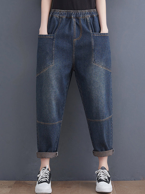 Pantalon en jean élastique ample rétro artistique
