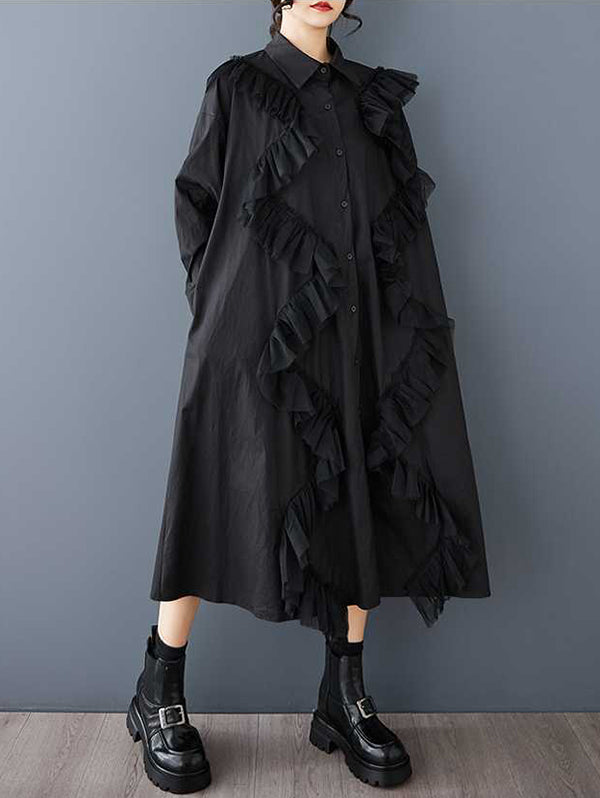 Robe chemise boutonnée coupe trapèze, à manches longues, à empiècements, à col revers
