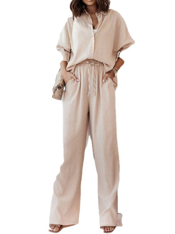 Ensemble deux pièces à ourlet plongeant, à manches longues, à col revers, à cordon de serrage, couleur unie – chemisier + pantalon