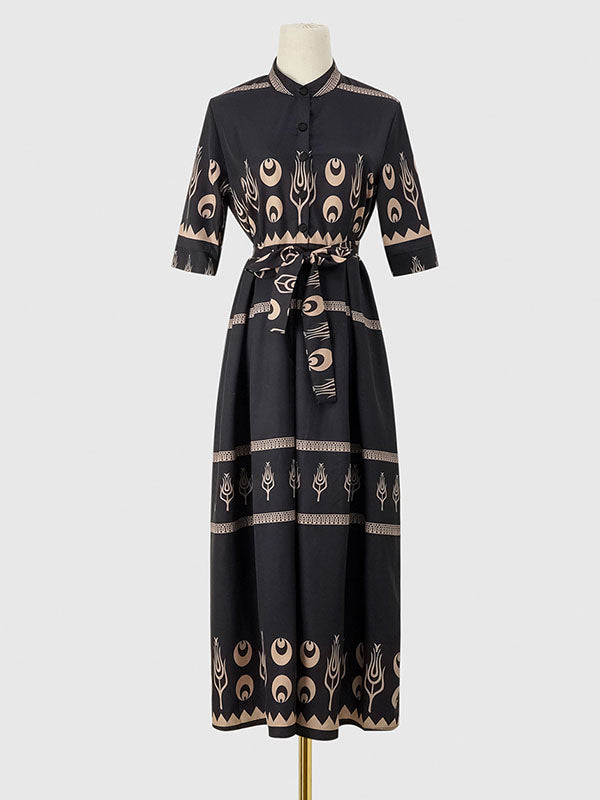 Robe mi-longue boutonnée coupe trapèze, à manches mi-longues, à taille nouée, à col revers