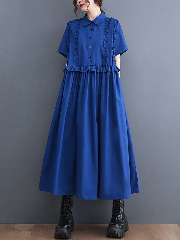 Robe chemise mi-longue de couleur unie, simple, manches courtes, ample, boutonnée, Volants, à empiècements